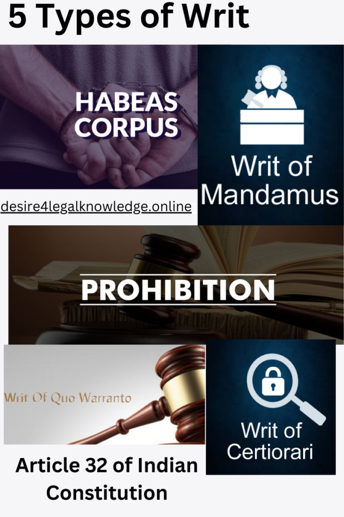 An infographic showing 5 types of Writs present under Article 32 of Indian constitution which are Habeas corpus, Writ of Mandamus, Prohibition, Writ of Quo Warranto, Writ of Certiorari with the link of desire4legalknowledge.online