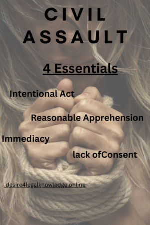 A girl tied with rope and "Civil Assault", "4 Essentials", "immediacy", "Intentional Act", "Reasonable apprehension", " Immediacy", "Lack of Consent" and "desire4legalknowledge.online" written on it.