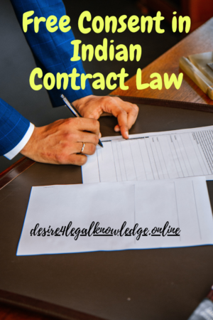 "Free Consent in Indian Contract Law" and "desire4legalknowledge.online" written on an image of a person signing an agreement.